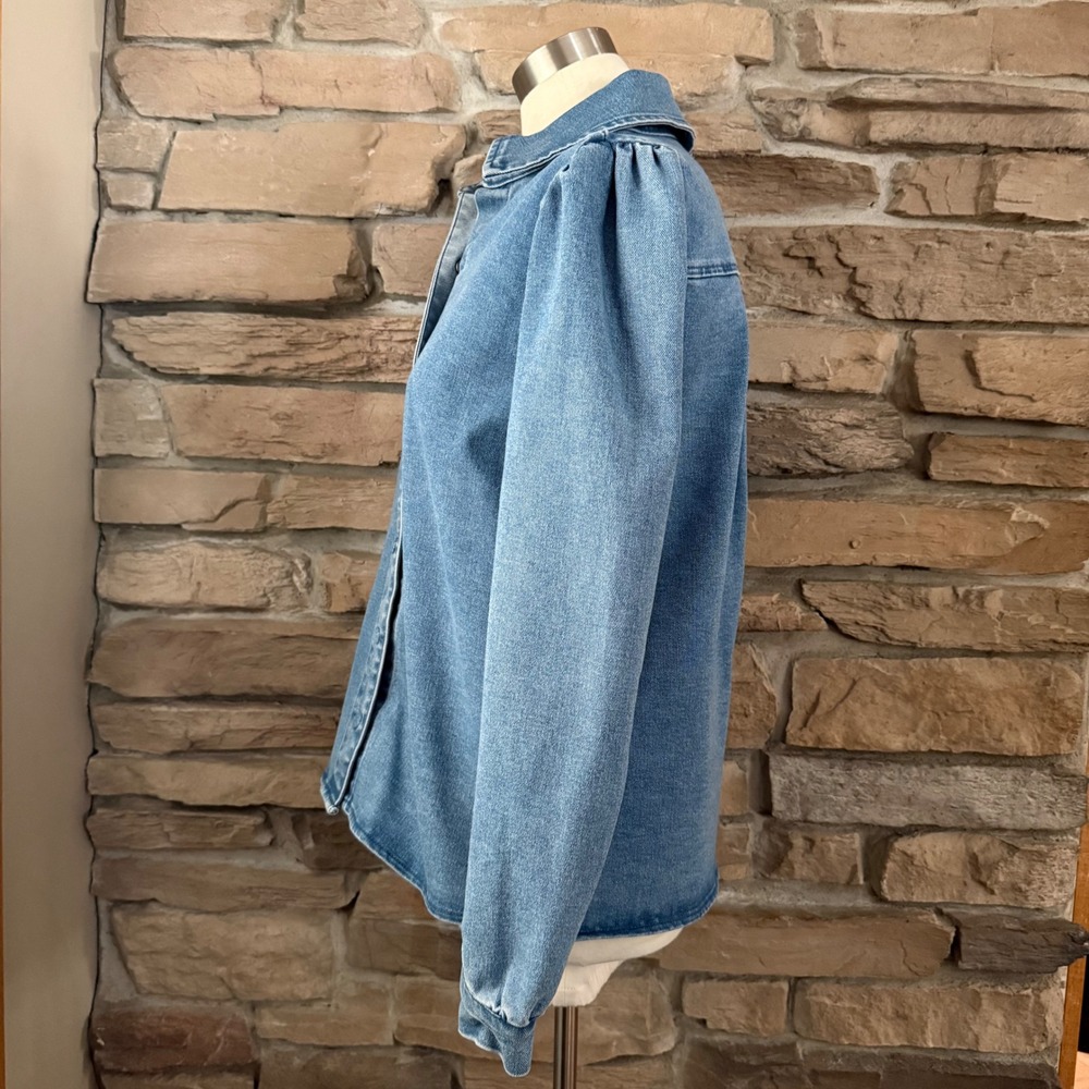 Bagatelle Collection Womens Medium Wash Puff Sleeve Denim Snap Front Shirt M - Picture 4 of 11